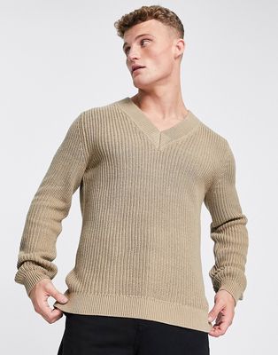 Only & Sons heavyweight knit v neck sweater in beige-Neutral