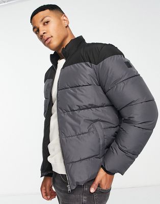 Only & Sons heavyweight puffer jacket in black and gray color block