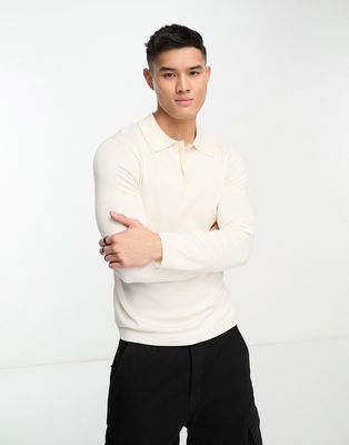 Only & Sons knit long sleeve polo in off white