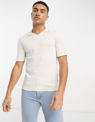 Only & Sons knitted polo with revere collar in white