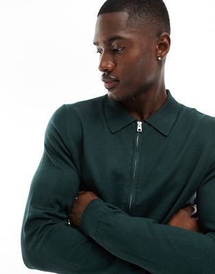 Only & Sons knitted zip through long sleeve polo in green