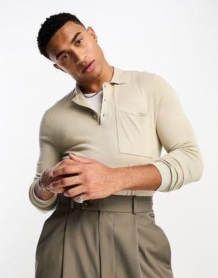Only & Sons long sleeve knitted polo in beige-Neutral