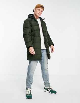 Only & Sons longline heavy weight puffer jacket in khaki-Green