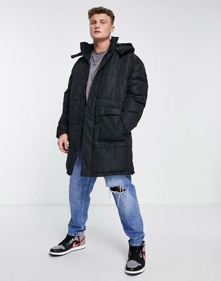 Only & Sons longline puffer coat with hood in black