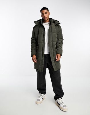 Only & Sons longline puffer with multi pockets in khaki-Green