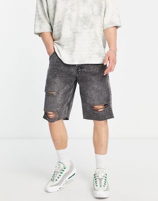 Only & Sons loose fit denim shorts in black wash with rips