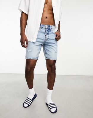 Only & Sons loose fit denim shorts in light wash with abrasions-Blue