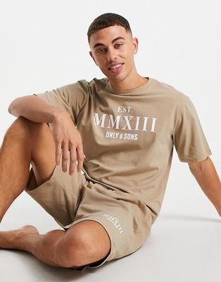 Only & Sons loungewear t-shirt and short set in beige-Neutral