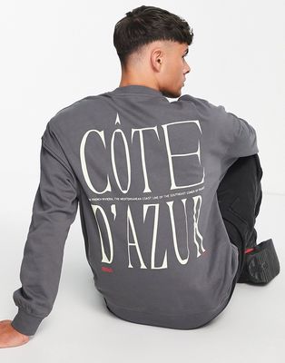 Only & Sons oversized crew neck sweat with Cote D'azur back print in gray
