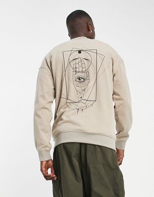 Only & Sons oversized crew neck sweat with hamsa hand back print in beige-Neutral