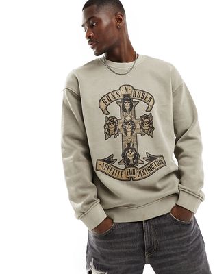 Only & Sons oversized Guns N' Roses sweatshirt in washed stone-Gray