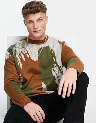 Only & Sons oversized printed sweater in brown & green-Neutral