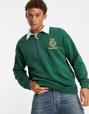 Only & Sons oversized rugby sweat with chest print in dark green