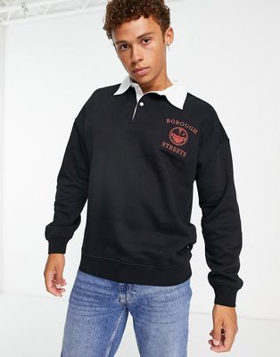 Only & Sons oversized rugby sweatshirt with chest print in black
