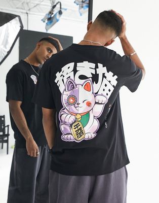 Only & Sons oversized t-shirt with Japanese lucky cat back print in black