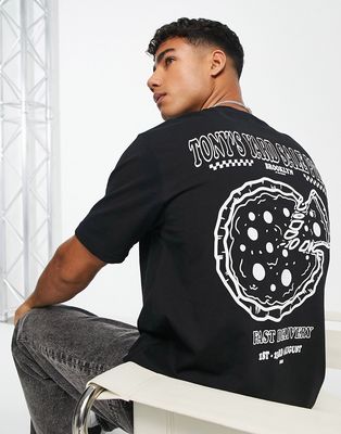 Only & Sons oversized T-shirt with pizza back print in black