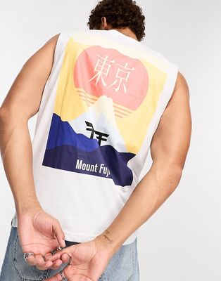 Only & Sons oversized tank top with Japanese mountain print in white