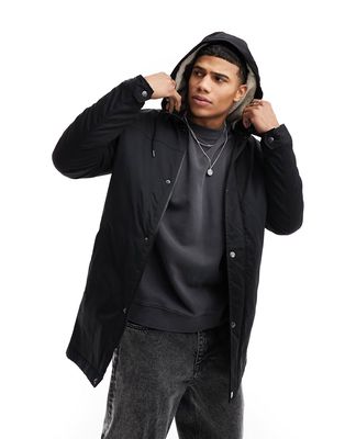 Only & Sons parka with borg lined hood in black