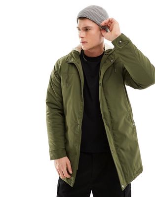 Only & Sons parka with borg lined hood in khaki-Green