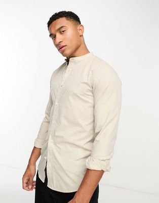 Only & Sons poplin shirt with grandad collar in beige-Neutral