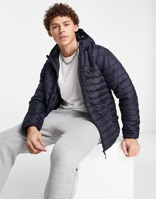 Only & Sons quilted puffer jacket with hood in navy
