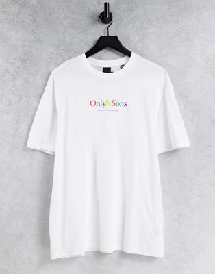 Only & Sons relaxed fit multi logo t-shirt in white