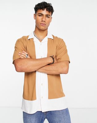 Only & Sons revere shirt in color block print in beige-Neutral