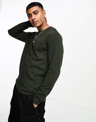 Only & Sons ribbed long sleeve t-shirt in khaki-Green