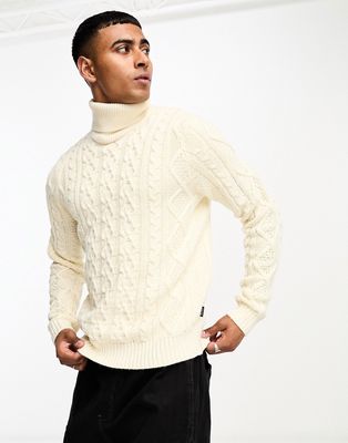 Only & Sons roll neck cable knit sweater in ecru-White