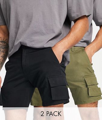 Only & Sons slim fit 2 pack cargo shorts in black & khaki-Multi