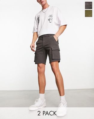 Only & Sons slim fit 2 pack cargo shorts in washed black & khaki-Multi