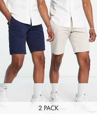 Only & Sons slim fit 2 pack chino shorts in navy & beige-Multi