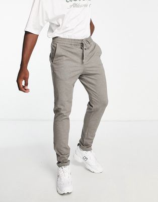 Only & Sons tapered fit pants with elastic waist in beige tonal stripe-Neutral