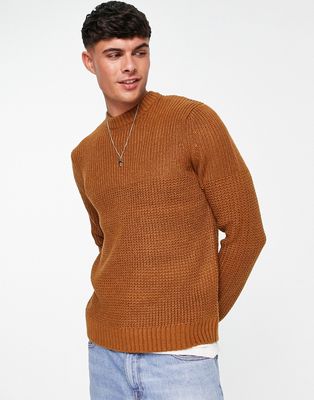 Only & Sons textured crew neck knit sweater in brown