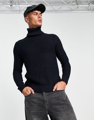 Only & Sons textured roll neck knitted sweater in navy