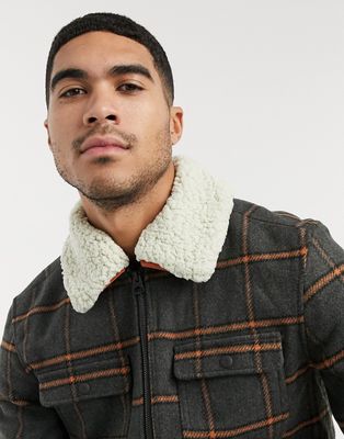 Only & Sons wool mix Harrington jacket with borg collar in gray check-Grey