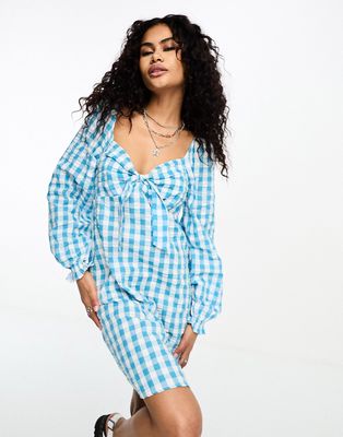 Only bow detail smock mini dress in blue gingham