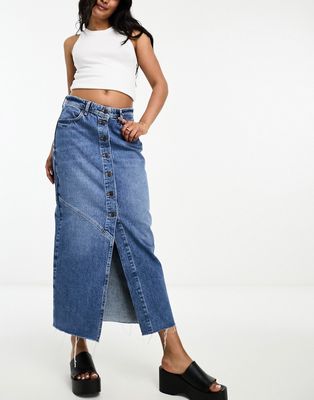Only button down denim maxi skirt in mid blue