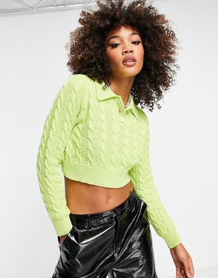 Only cotton cropped cable knit polo sweater in lime-Green
