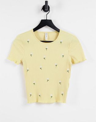 Only cotton cropped rib t-shirt with flower embroidery-Yellow