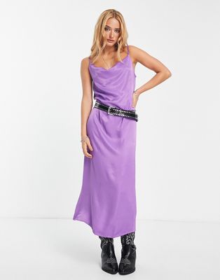 Only cowl neck satin slip maxi dress in purple