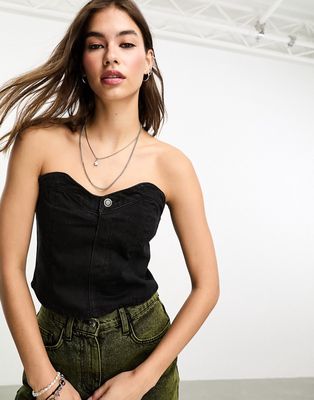 Only cropped denim corset top in washed black