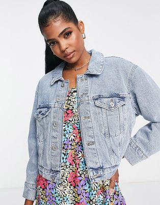 Only cropped denim jacket in mid wash-Blue