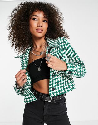 Only cropped jacket in green houndstooth check