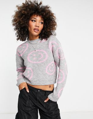 Only cropped sweater with happy faces in gray