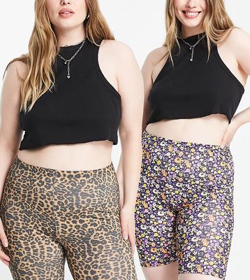 Only Curve 2 pack legging shorts in leopard and floral-Black