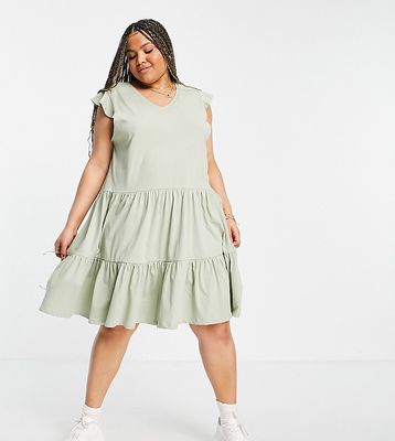 Only Curve cotton tiered skater mini dress in green