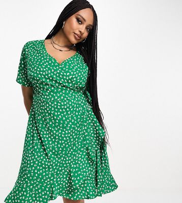Only Curve frill wrap mini dress in green ditsy floral