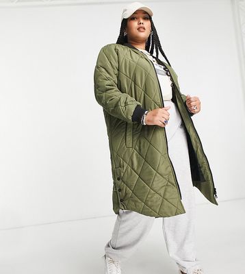 Only Curve longline quilted coat in khaki-Green