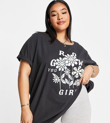 Only Curve oversized you grow girl motif T-shirt in washed black